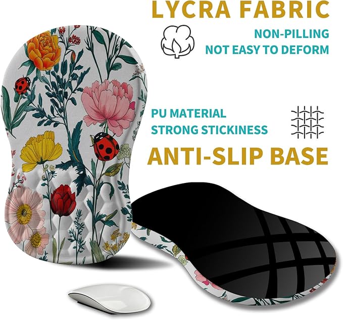 Hokafenle Ergonomic Mouse Pad Wrist Support, Wrist Rest Mousepad for Carpal Tunnel Pain Relief with Integrated Memory Foam Slope Massage Bulge (11.8x7.9 inch,Flowers and Ladybugs