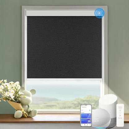 COOLWINDS Motorized Blinds with Remote Cordless Automatic Motorized Shades Custom Blinds for Windows Smart Curtains Compatible with Alexa Google Home(Blackout Jacquard Black,W31 x H72in)