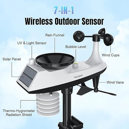 Raddy VP7 Wi-Fi Weather Station, 15-in-1 Wireless Weather Station Indoor Outdoor with Rain Gauge, Wind Speed, Temperature Humidity Monitor, Weather Forecast and Barometer, 7.4'' Digital Color Display