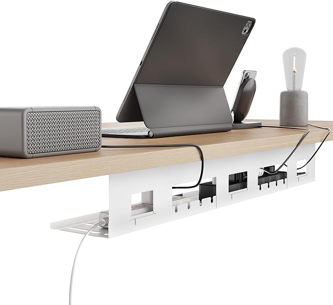 PEGZONE Under Desk Cable Management Tray, 31.5 Inches Metal Cord Organizer Rack, Desk Tray for Power Strip, Cord, Wire, Easy Mounting Cable Management Under Table for Home Office, White