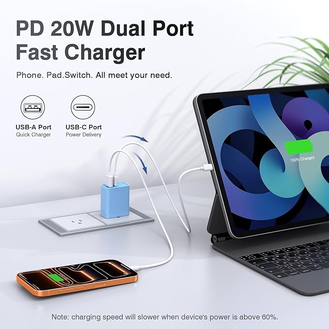 [20W/2Pack] Fast Charger Block, USB C Wall Charger, Charger Cube, Dual Port PD Fast Charging Block Brick Compatible for Watch Series 10 iPhone 16 17 Pro Max Airpod Brick Plug Power Adapter, Blue