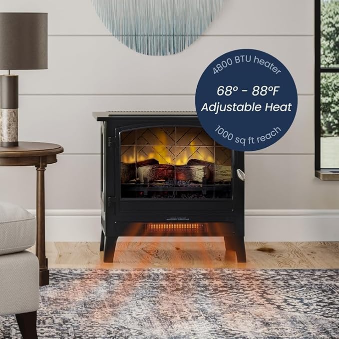 Country Living Infrared Freestanding Electric Fireplace Stove Heater in Black | Multiple Flame Colors, Metal Design with Faux Wooden Logs | Alexa/WiFi Enabled - Remote Included