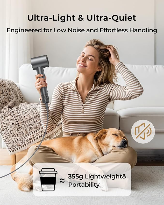 Hair Dryer, High-Speed Ionic Quiet Blow Dryer with 160,000 RPM Brushless Motor for Fast Drying, Low Noise Thermo-Control Compact Professional Dryers with Magnetic Diffuser & Nozzle for All Hair Types