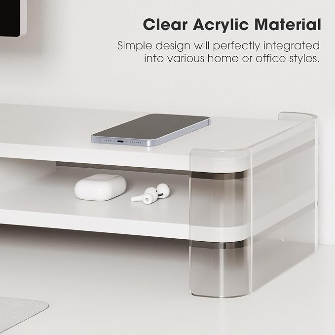 Fenge Acrylic Monitor Stand Riser, Clear Dual Acrylic Computer Monitor Stand for 2 Monitors, 2 Tier Wood Office Desk Storage Organizer for Laptop, Computer, TV Stand