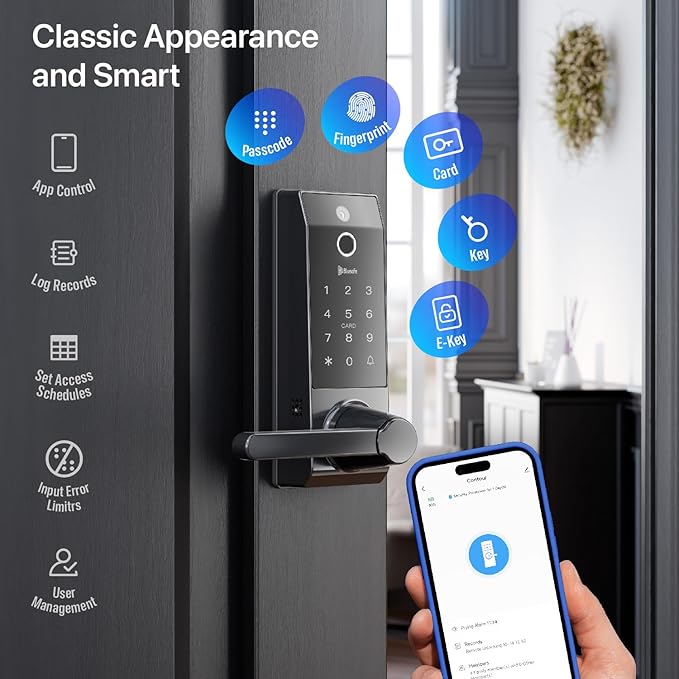 Smart Lock Doorbell Fingerprint Smart Door Lock Deadbolt for Homeowners or Parents Door Lock with Camera and Door Handle for Renters, Keyless Entry Door Lock for Front Door(Contour V Black)