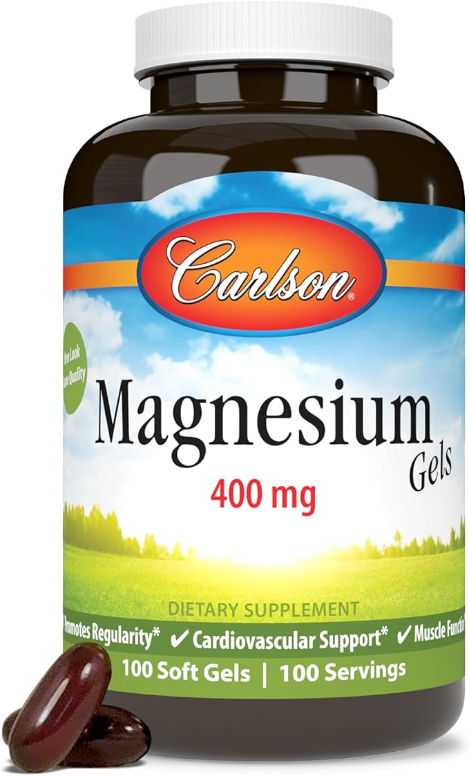 Carlson - Magnesium Gels, 400 mg of Magnesium per Softgel, Heart & Muscle Support, Magnesium Gel Caps, Bowel Function, Magnesium Supplement, 100 Softgels