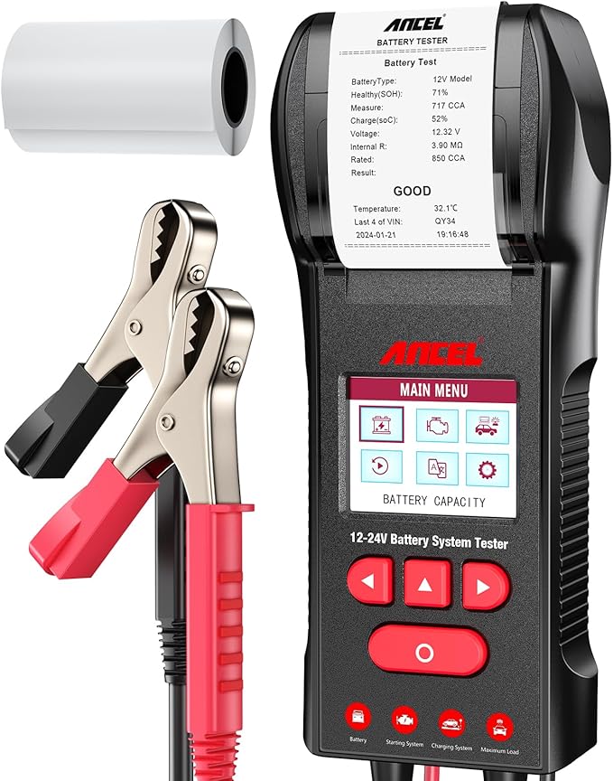 ANCEL BST600 Car Battery Tester with Printer - 12V/24V, 100-2000 CCA, Digital Auto Battery Load Tester - Cranking and Charging System Test for Heavy Duty Truck, Marine, Motorcycles, RVs, SUVs, Boats