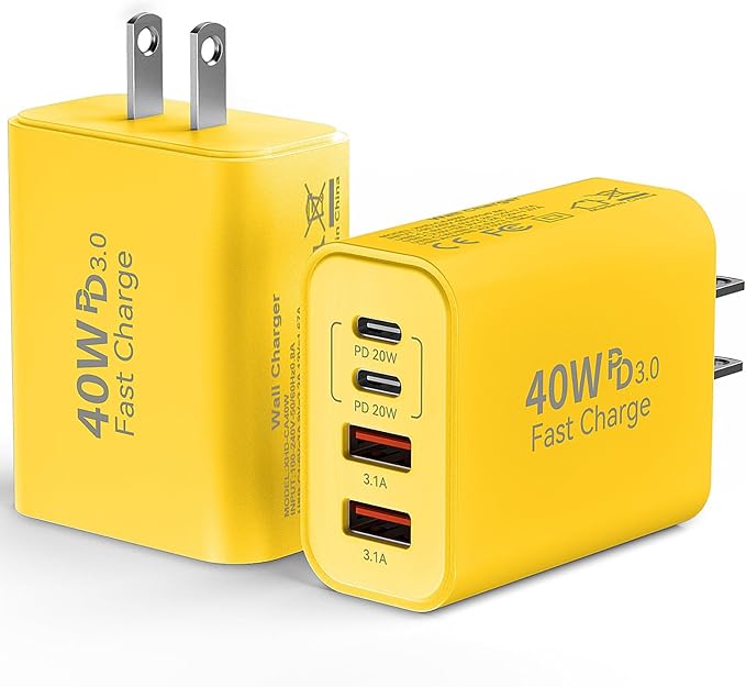 USB C Wall Fast Charger Block, 40W 4-Port Type C Chargers Fast Charging Blocks PD Power Charger Adapter+QC 3.0 USB Multiport Charger Brick for Phone 17/16/15/14/13/12 Pro Max, i-Pad, Galaxy S25-2Pack