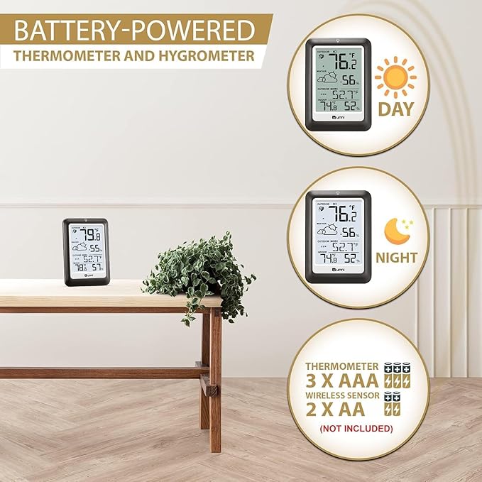 Indoor Outdoor Thermometer Wireless Weather Station, Temperature Humidity Monitor Battery Powered Inside Outside Thermometers with 330ft Range Remote Sensor and Backlight Display（Metal Black）