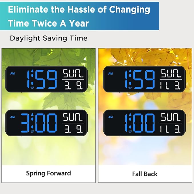 Peakeep Large Display Digital Alarm Clock for Bedrooms, Date Day of Week Calendar Desk Table Clocks for Living Room Office, Dimmable Plug in Electric Clock, 5 Volumes, Loud, Auto DST