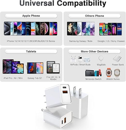 USB C Charger Block,3Pack 20W Dual Port USB C Wall Charger Plug Fast Charging Adapter USB A Quick Charging Brick Plug for iPhone Air/17 Pro Max/16E/16 ProMax/16Plus/15/14/13/12/11/XS,iPad Pro,AirPods