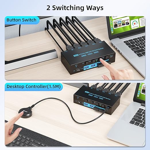 8K HDMI 2.1 KVM Switch 4 Computers 4 Port USB 3.0 8K@60Hz/4K@144Hz 4 In 1 Out Keyboard Mouse KVM Switches EDID Emulator for 4 PCs Share 1 Monitor and 4 USB Devices, with 4 USB 3.0 Cable & Wired Remote