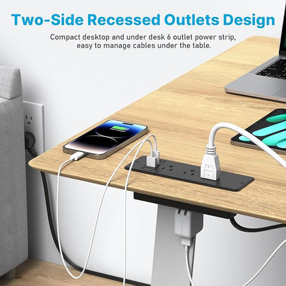 CCCEI 6 Outlets Dual Side Recessed Power Strip with 45W USB C Port, Furniture Flush Mount, Under Desk, Desk Top Multiple Outlet, Hidden Charging Station for Conference Table, Nightstand, Black. 6FT.