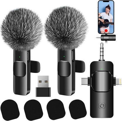 4 in 1 Wireless Lavalier Microphone for iPhone/USB C Android/Camera/Laptop PC,Mini Microphone 2.4G Ultra-Low Delay with Noise Reduction Cordless Lapel Mics for Video Recording, Vlog, YouTube, TikTok