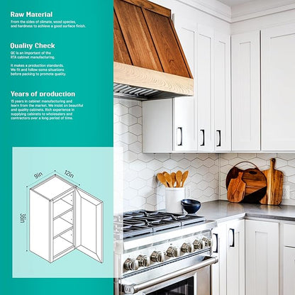 Wall Kitchen Cabinets, RTA Cabinets, White Shaker Cabinet, Wall Mounted, RTA Upper Cabinet, Modern for Kitchen and Bathroom with Door (White, 09" W x 36" H x 12" D)