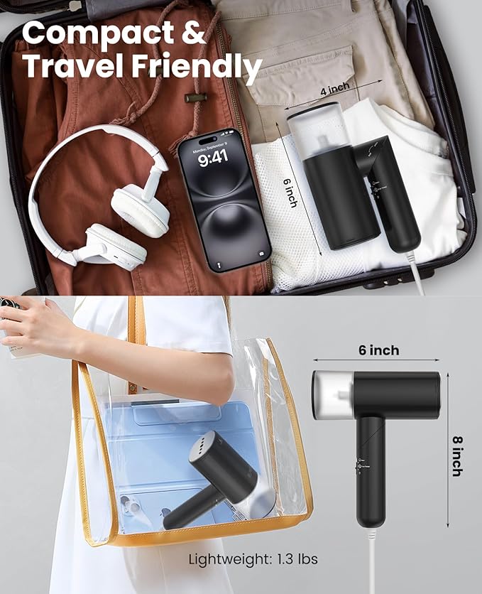 Handheld Steamer for Clothes, 1200W Foldable Travel Steamer, 20 Sec Preheat Garments Wrinkle Remover, 120V Portable Hand Iron with 150ml Water Tank, Clothes Steamer for Home Travel-Black