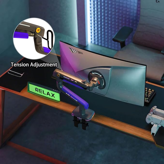 NB Gaming Monitor Arm or for 32 to 60 Inches Screen, Load up to 20 kg, VESA 75/100, RGB-Light, Heavy Duty, Multi Angle Adjustable, Premium Aluminum, Purple Blue