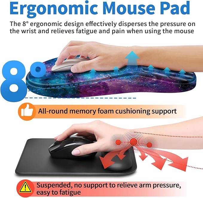 YIWEI Ergonomic Mouse Pad with Wrist Rest - Comfortable Office Mousepad with Memory Foam Wrist Support for Carpal Tunnel Relief, Mouse Pads with Non-Slip Base for Gaming and Home (Starry Sky)