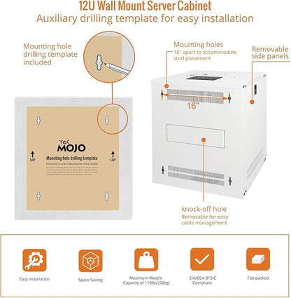 Tecmojo 12U Wall Mount Rack Network Cabinet for 19" IT Equipment,with Lockable Glass Door and Side Panels,Cooling Fan,17.7inch Depth,White