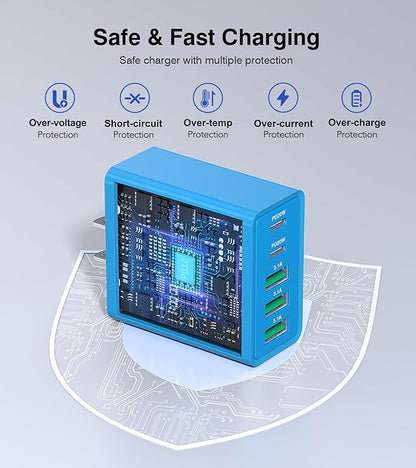 [2-Pack] USB C Wall Charger, 60W USB C Charger Block 5-Port PD Fast Charging Blocks,2USB C+3USB A Multiport Plug,Type C Power Adapter Brick Cube for iPhone17/16/15/14/Pro,iPad,Samsung,for Switch（Blue）