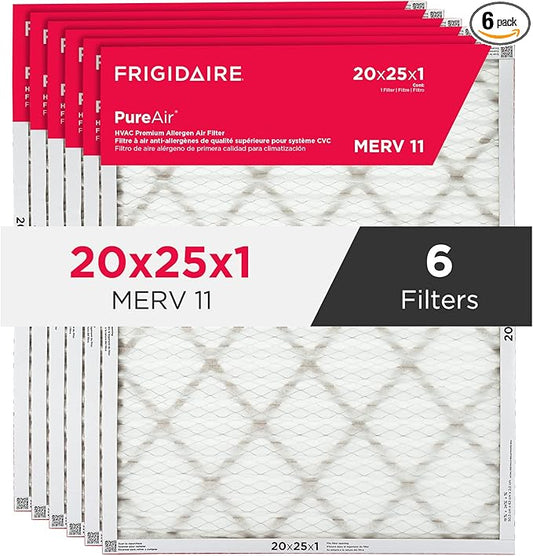 Frigidaire PureAir® 20x25x1 MERV 11 Prem Allergen Electrostatic Pleated Air Conditioner HVAC AC Furnace Filters - 6 Pack (exact dimensions 19.81 X 24.81 X 0.81)