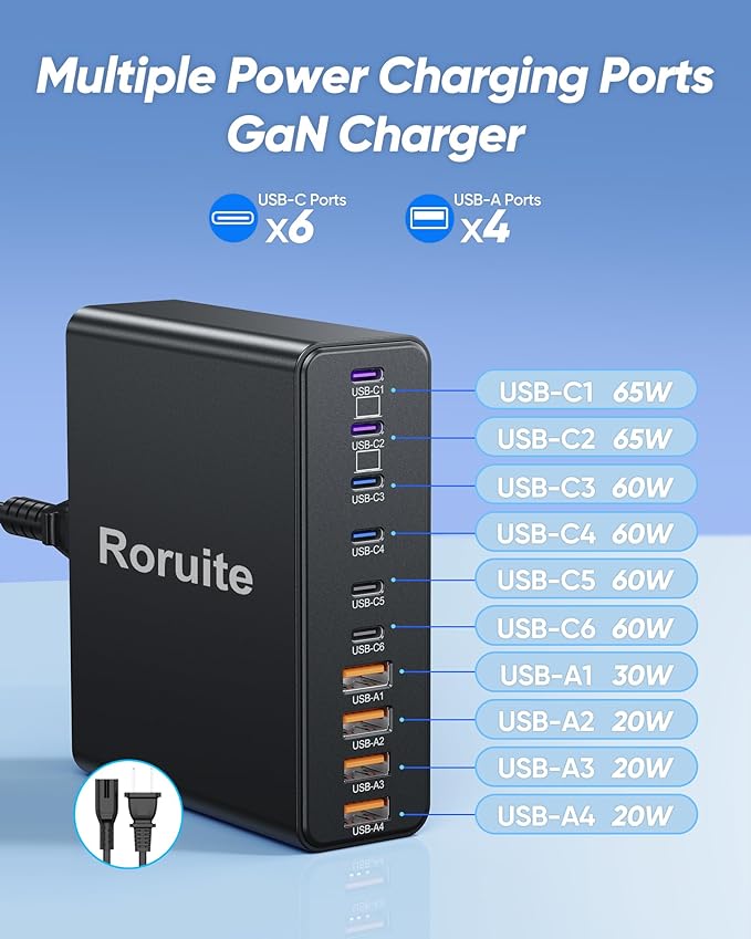 460W USB C Charger Block, 10-Port Charging Station GaN Fast Charger Block Type C & USB A Wall Charger, Dual 65W Laptop Multiport for iPhone 17, iPad, MacBook Pro/Air, Samsung Galaxy, Android(Grey)