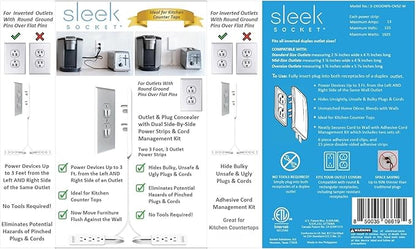 Sleek Socket Original & Patented Ultra-Thin Outlet Concealer with Cord Concealer Kit, Flat Extension Cord with Multi Outlets Power Strip, Ideal for Home Improvement, Hide Bulky and Messy Cords