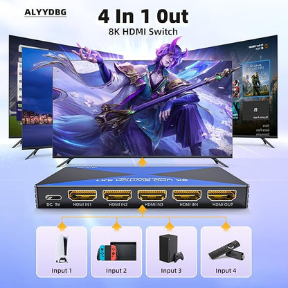 ALYYDBG 8k@60Hz HDMI Switch 4 in 1 Out Supports 4K@120Hz Dynamic HDR10+ HDCP 2.3 CEC, HDMI 2.1 Switcher Works with Gaming Consoles TV Box Stick Computer to HDMI ouput Like TV Monitor Projector