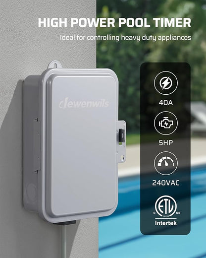 DEWENWILS 24-Hour Mechanical Timer Switch - 208-277VAC DPST, 5HP 40A, Metal Enclosure, Heavy Duty, Manual Override, Ideal for Pool Pump, Water Heater, Lights and Fans, Weatherproof, ETL Listed, Gray
