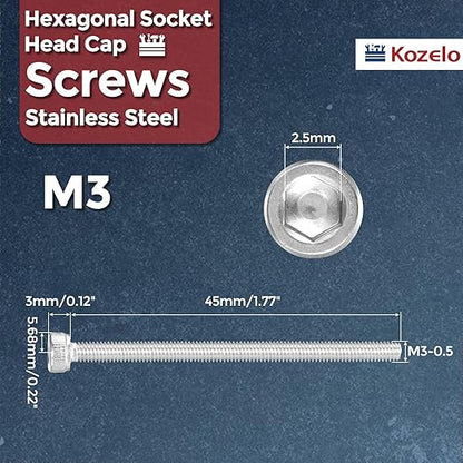 Kozelo 100pcs Socket Head Cap Screws - [M3-0.5 x 45mm] 304 Stainless Steel Allen Socket Drive for Electrical Motor 3D Printing Fan Engine Replacement Use, Silver