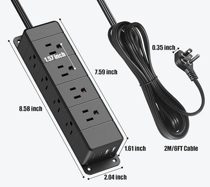 40W Fast Charging Under Desk Power Strip,12 Outlet Mountable Power Strip with 4 USB,1200J Surge Protection,10FT Flat Extension Cord Black