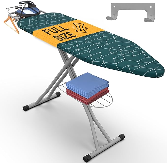 Xabitat Full Size Ironing Board 57" X 15" with Wall Mount Hanger, Full Metal Construction Iron Board, Built in Iron Caddy, Heat & Scorch Resistant Fabric, Cord Holder, Anti-Skid Feet, Heavy Duty