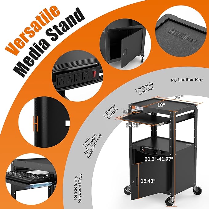 Steel Large AV Cart with Extra Storage - Adjustable Height Cart with Locking Cabinet, Pullout Tray, Power Strip, and Cord Management - Holds 300 lbs and Easy to Assemble (24'' x 18'' x 42'')