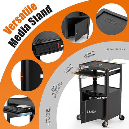 Steel Large AV Cart with Extra Storage - Adjustable Height Cart with Locking Cabinet, Pullout Tray, Power Strip, and Cord Management - Holds 300 lbs and Easy to Assemble (24'' x 18'' x 42'')