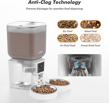 Automatic Cat Feeder for 2 Cats - 8L/34 Cups Large Capacity Auto Food Dispenser with LCD Screen, 2 Food Trays, Timed Cat Feeder, Up to 50 Portions 6 Meals Per Day, Keep Fresh