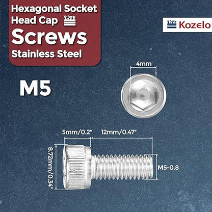 Kozelo 100pcs Socket Head Cap Screws - [M5-0.8 x 12mm] 304 Stainless Steel Allen Socket Drive for Electrical Motor 3D Printing Fan Engine Replacement Use, Silver