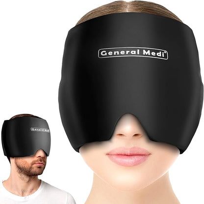 General Medi Headache & Migraine Ice Wrap Cap, Cold Therapy Migraine Relief Hat, Headache Ice Hat Cold Compress, Great for Puffy Eyes, Tension, Sinus & Stress Relief (Black)