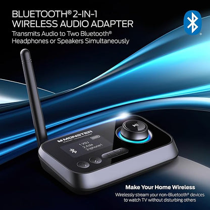 Monster Bluetooth Transmitter & Receiver, 2-in-1 Bluetooth Audio Adapter, Stream to/from NonBluetooth Devices, Stream TV to 2 Headphones, 33 ft Range, Analog & Digital, TV USB Powered, 3.5mm Aux Port