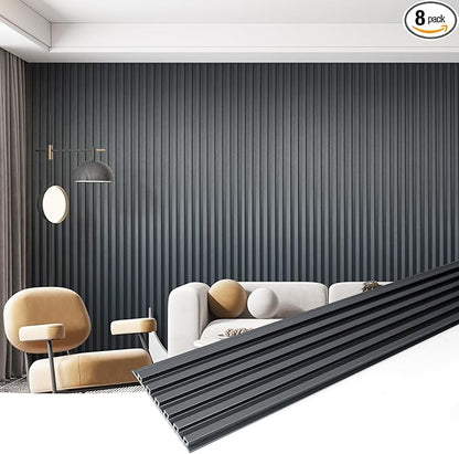 Art3dwallpanels Slat Wall Paneling, 104'' x 6.7'' Glossy Metal Finish WPC Soundproof 3D Wall Panels for Interior Wall Decor, 8 Pack Fluted Textured Panel Wall Slats, Metallic Silver Dark Gray