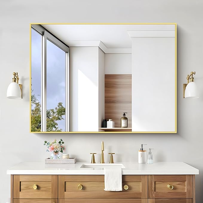 36x55inch Bathroom Mirror, Gold Rectangle Mirror with Thin Metal Frame, Large Rectangular Wall Mirror for Bathroom, Living Room, Hair Salon, Big Farmhouse Mirror Hang Horizontal/Vertical