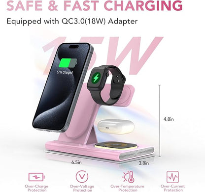 3 in 1 Charging Station for iPhone 17 - Wireless Charger for Apple Devices for iPhone 17 16 15 14 13 12 11 Pro Max - Foldable Wireless Charging Station Dock Stand for Apple Watch Series & AirPods