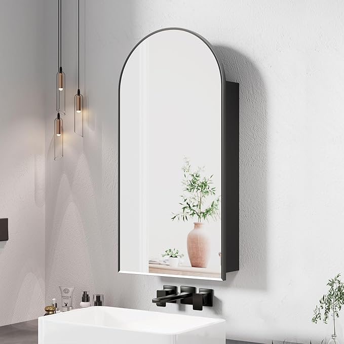 Black Arched Medicine Cabinet with Mirror, Arched Mirror Cabinet for Bathroom,Black Metal Edge Medicine Cabinet Surface Mount Only,Bathroom Arch Mirror Cabinet with Storage,16 x32 Inch