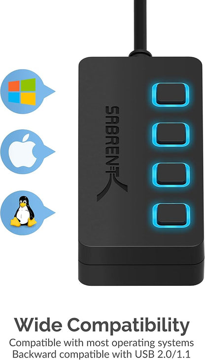 SABRENT 4-Port USB 3.0 Hub with Individual LED Power Switches - Slim, Portable Design - 2 Ft Cable - Fast Data Transfer - Compatible with Mac & PC (HB-UM43)