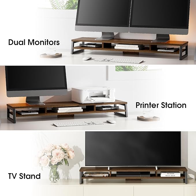 Fenge Dual Monitor Stand for Desk, 42.5in Large Monitor Riser for 2 Monitors, 2 Tier Computer Office Desk Top Shelf, Desktop Storage Stand for Laptop, PC, Computer, Printer