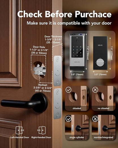 Devo G1 Video Smart Lock with Camera&Doorbell, 6-in-1 Keyless Entry Door Lock Deadbolt with Handle Set, App Remote, Fingerprint ID, Auto Locks, Built-in Wi-Fi Smart Deadbolt for Front Door