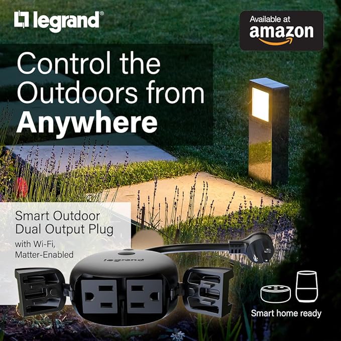 Legrand Wi-Fi Outdoor Dual Output Matter Smart Plug, Effortless Setup, Enhanced Compatibility with Apple HomeKit, Google Home, Alexa & SmartThings, Matter Smart Home, Pack of 1 WWMP31