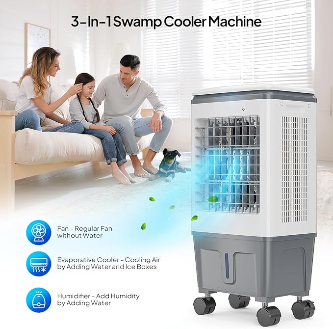 ROVSUN 1400CFM Evaporative Air Cooler, 5.2 Gal Portable Swamp Cooler with Auto Oscillating, Remote, 3 Speeds, 12H Timer & 4 Ice Packs, 3-IN-1 Humidifying Cooling Fan Indooor Patio Garage