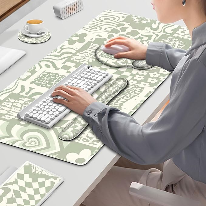 Large Desk Mat, Beige Gaming Mouse Pad, Desk Pad Protector, XXL Mousepad + Keyboard Wrist Rest+Mouse Wrist Rest+Coaster Set with Ergonomic Desk Pad for Home Office PC Computer, Retro Boho Aesthetic