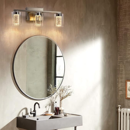 SADENICEL Brushed Nickel Vanity Lights, 3-Light Bathroom Light Fixtures, Crystal LED Bathroom Lights Dimmable White/Neutral/Warm Light with Clear Glass Shade for Bathroom Bedroom Hallway Lighting