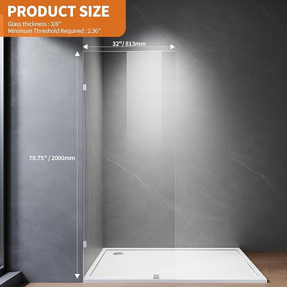 Shower Glass Panel, 32" W x 78.75" H Fixed Shower Screen Panel with 3/8"(10mm) SGCC Ultra Clear Tempered Glass, Frameless Walk in Shower Door with Easy‑Clean Coating (Chrome, 32" W x 78.75" H)
